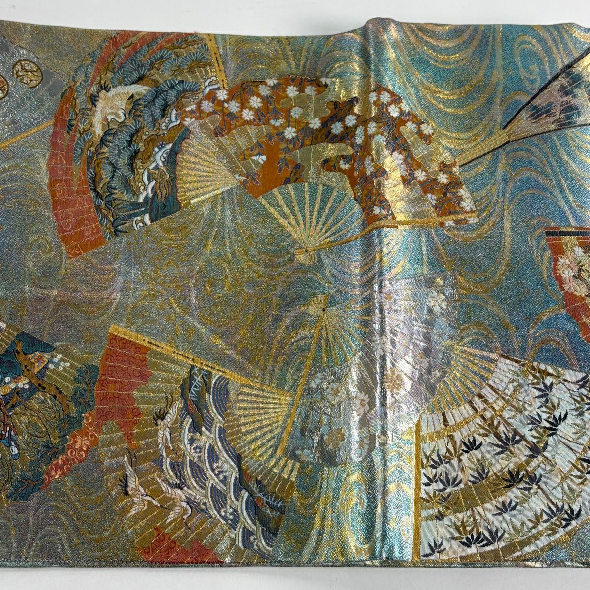 袋帶 名品級 附落款 徳川美術館秘藏 能樂百扇子 仙鶴 金絲 金金箔 青綠 大鼓圖案 純蠶絲