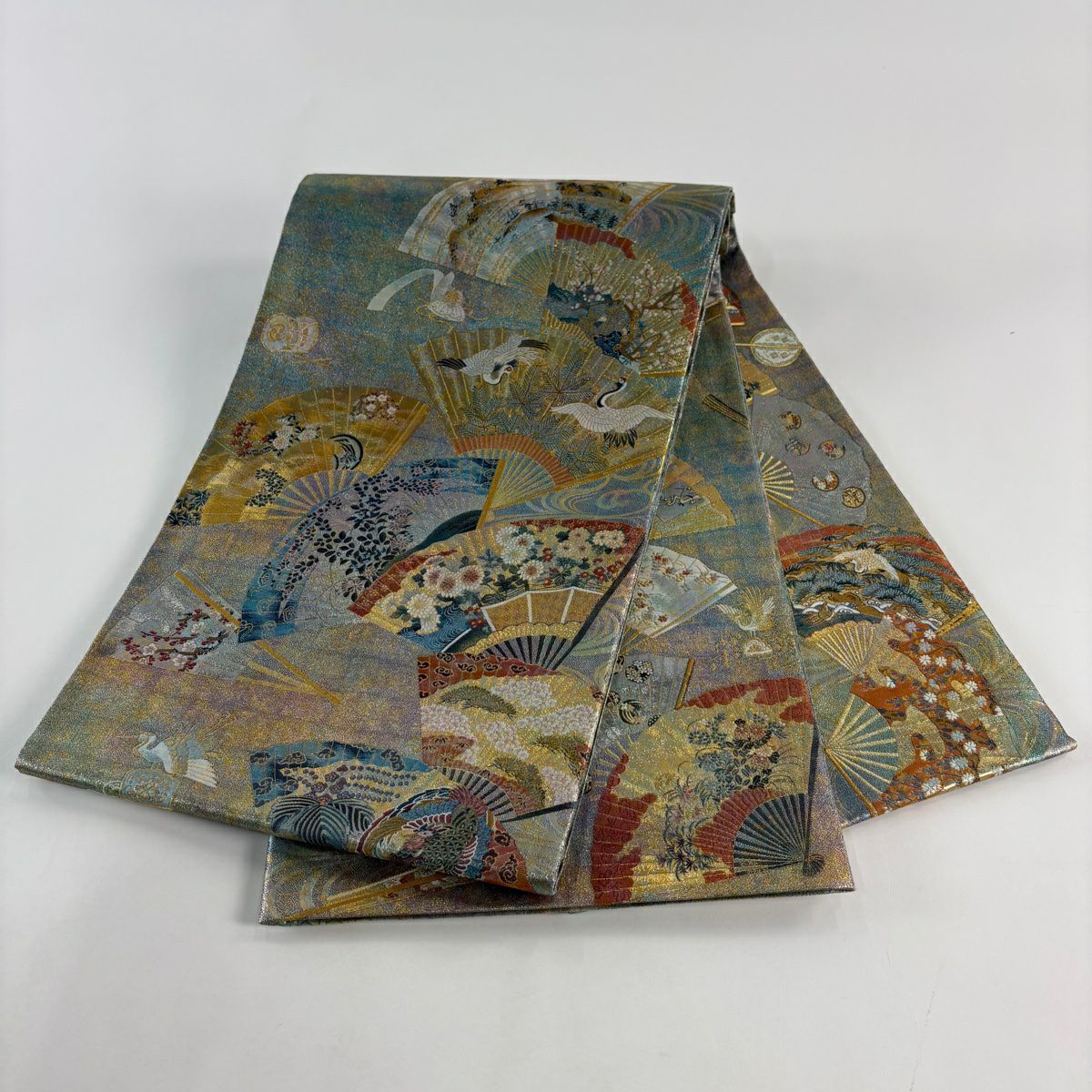 袋帶 名品級 附落款 徳川美術館秘藏 能樂百扇子 仙鶴 金絲 金金箔 青綠 大鼓圖案 純蠶絲