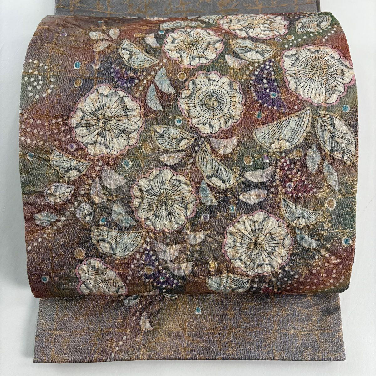 【美品】 袋帶 名品級 辻花染 幾何學 銀線 金金箔 茶紫 お太鼓圖案 純蠶絲