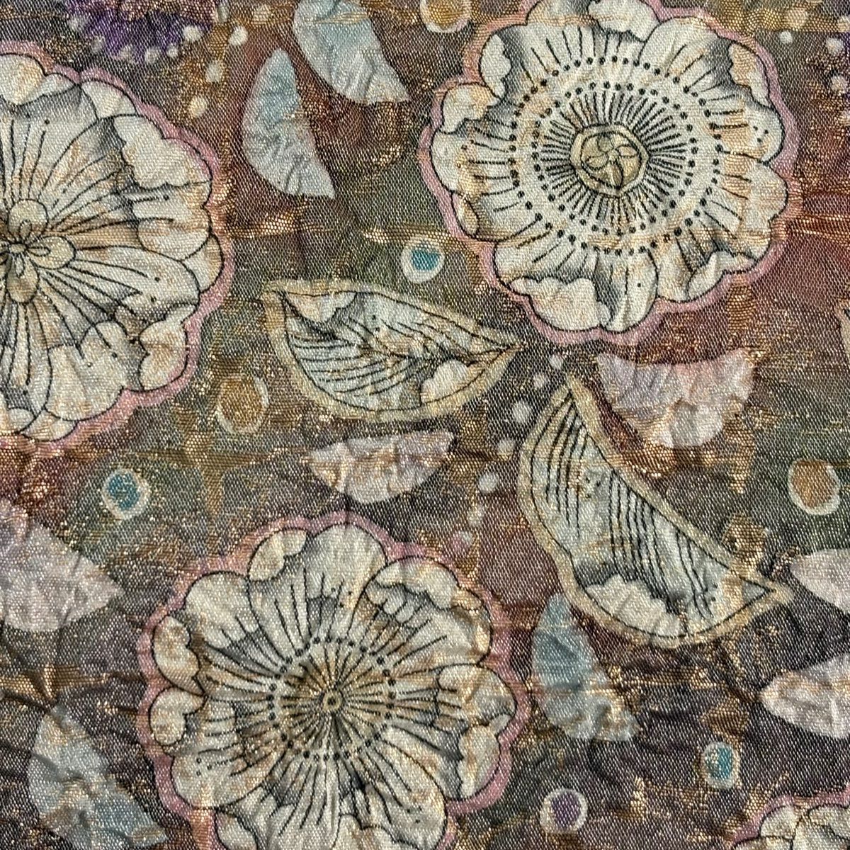 【美品】 袋帶 名品級 辻花染 幾何學 銀線 金金箔 茶紫 お太鼓圖案 純蠶絲