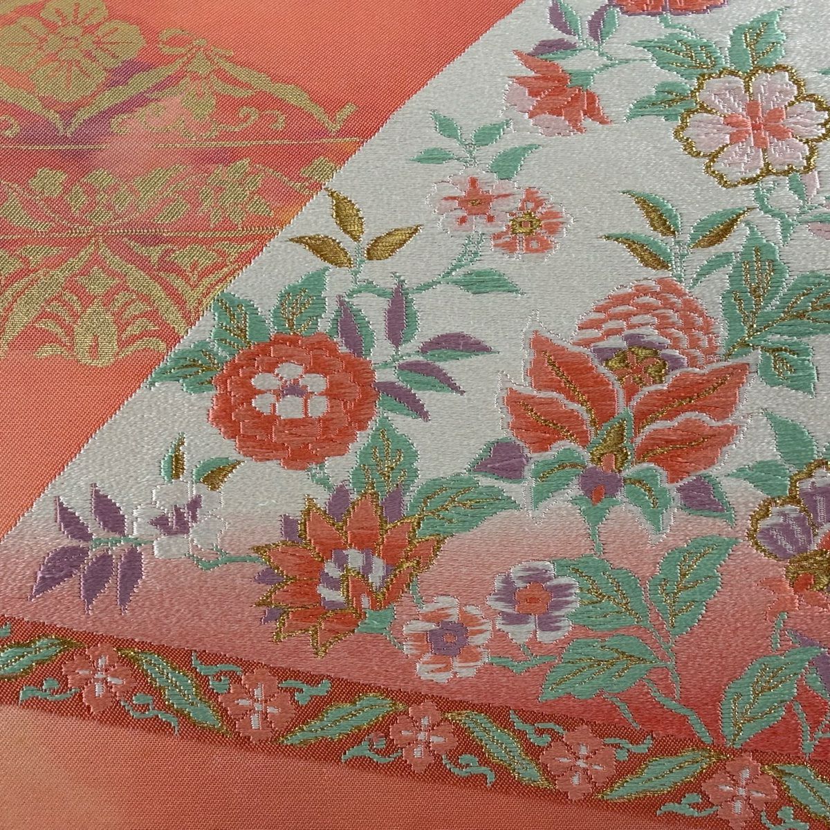 名古屋帶 優品級 草花紋 金糸 金金箔 鮭粉色 純蠶絲