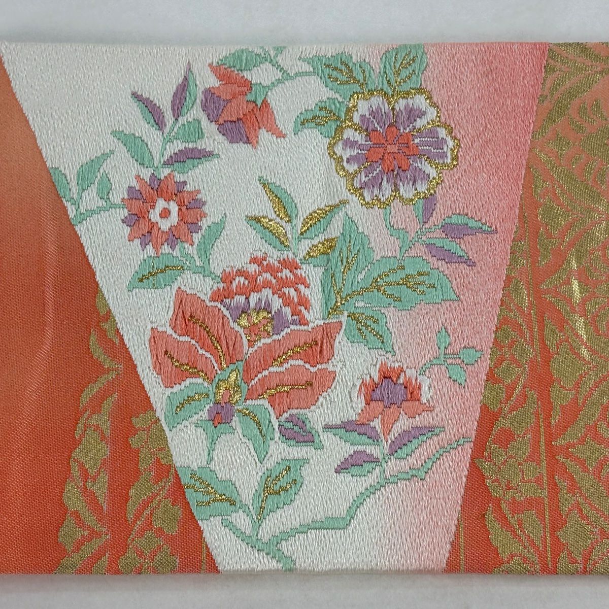 名古屋帶 優品級 草花紋 金糸 金金箔 鮭粉色 純蠶絲