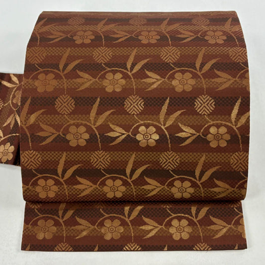 【美品】 名古屋帶 優品級 笹蔓 縞 金金箔 茶 純蠶絲