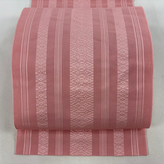 【美品】 名古屋帶 優品級 八寸名古屋帶 松樹葉仕立 夏帶 縞 幾何學圖案 淺粉色 純蠶絲