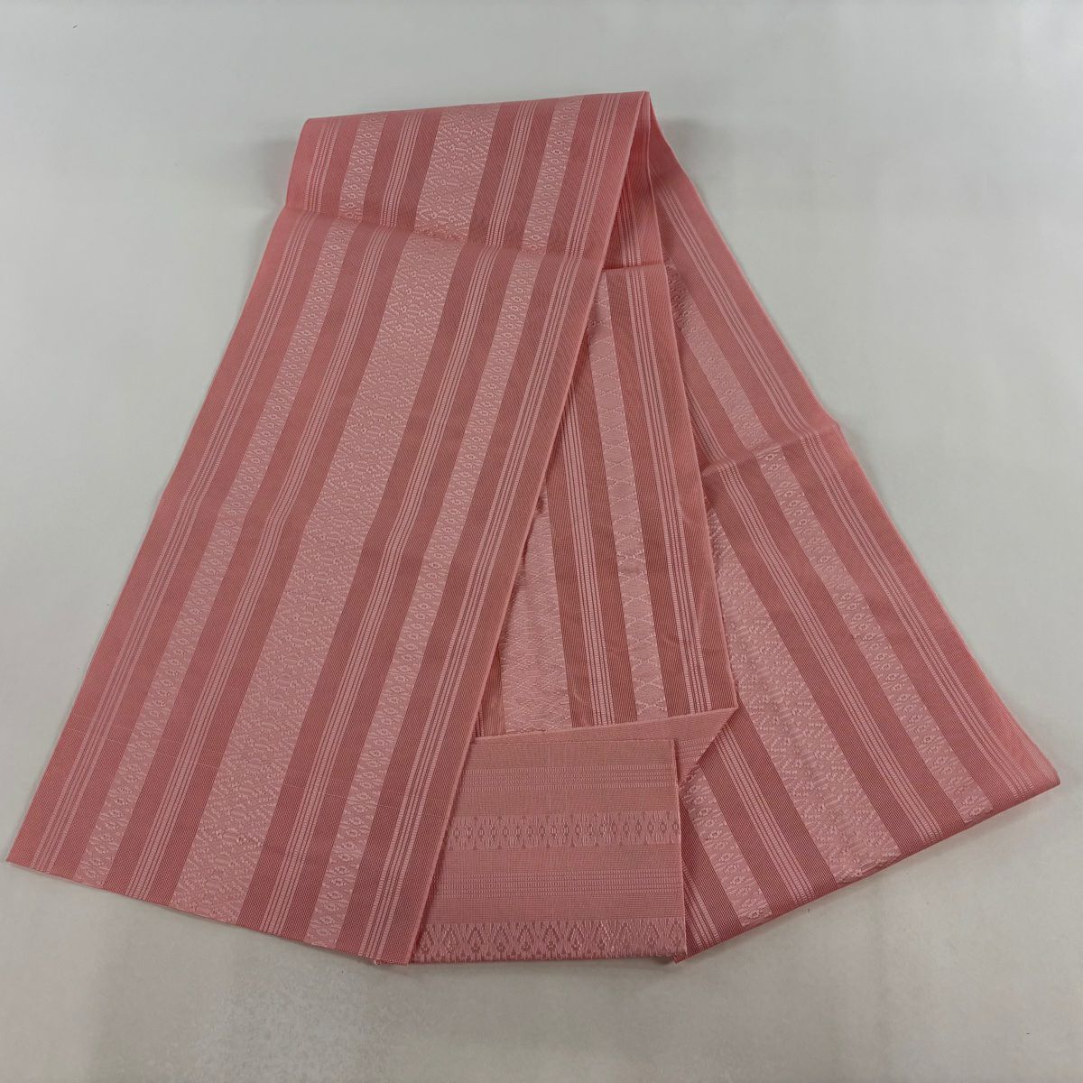 【美品】 名古屋帶 優品級 八寸名古屋帶 松樹葉仕立 夏帶 縞 幾何學圖案 淺粉色 純蠶絲