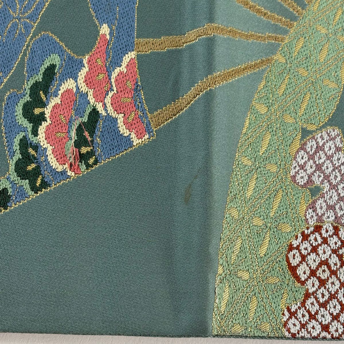 袋帶 逸品級 白綾苑大庭 落款有 扇子 草花紋紋 金金箔 灰綠 六通 純蠶絲