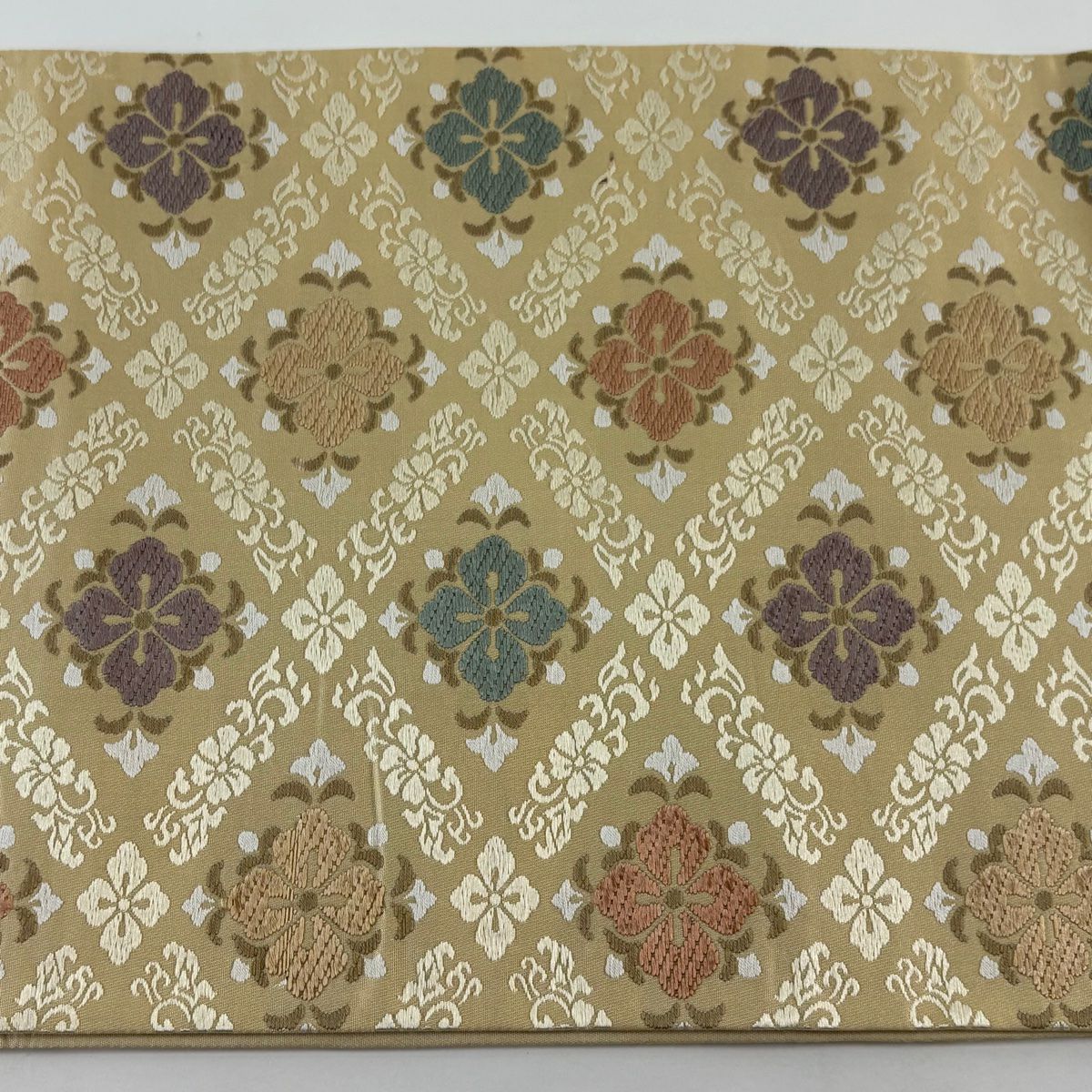 袋帶 逸品級 菱格子 花菱 唐織 淡黃 六通 純蠶絲