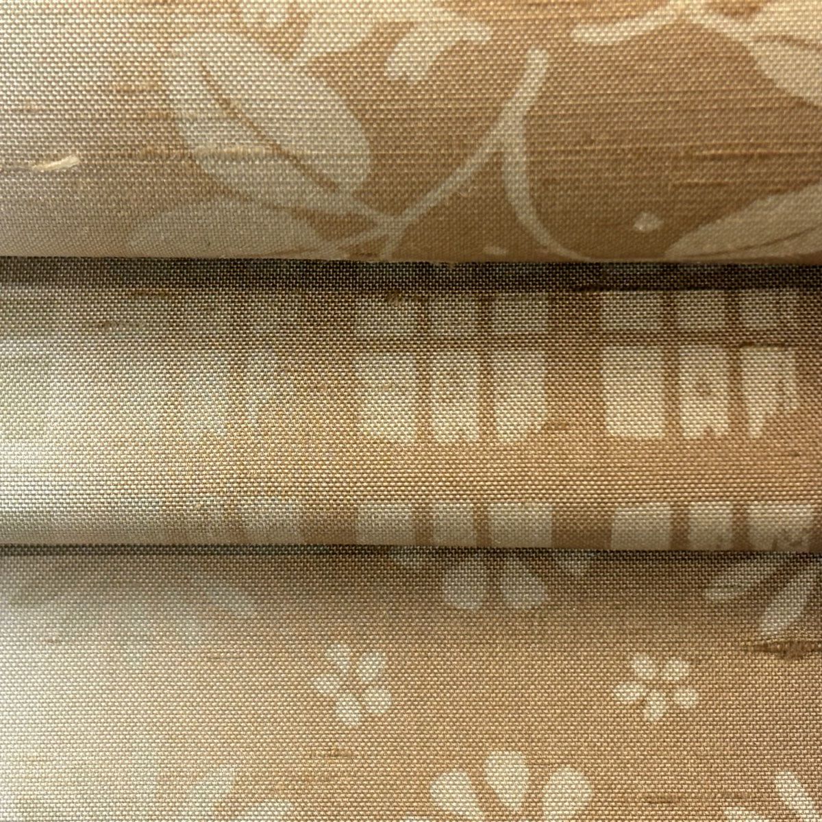【美品】 袋帶 逸品級 落款あり 牛首紬織織地 萩花 染分 ぼかし 薄茶 全通 純蠶絲