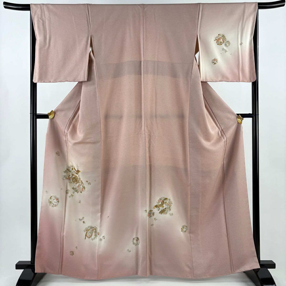 付下 身長164cm 袖長66cm M 雙層 琵琶 花喰鳥 蘇州刺繡 金銀彩 粉紅 純蠶絲 名品級