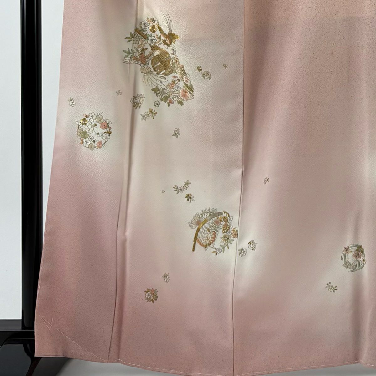 付下 身長164cm 袖長66cm M 雙層 琵琶 花喰鳥 蘇州刺繡 金銀彩 粉紅 純蠶絲 名品級