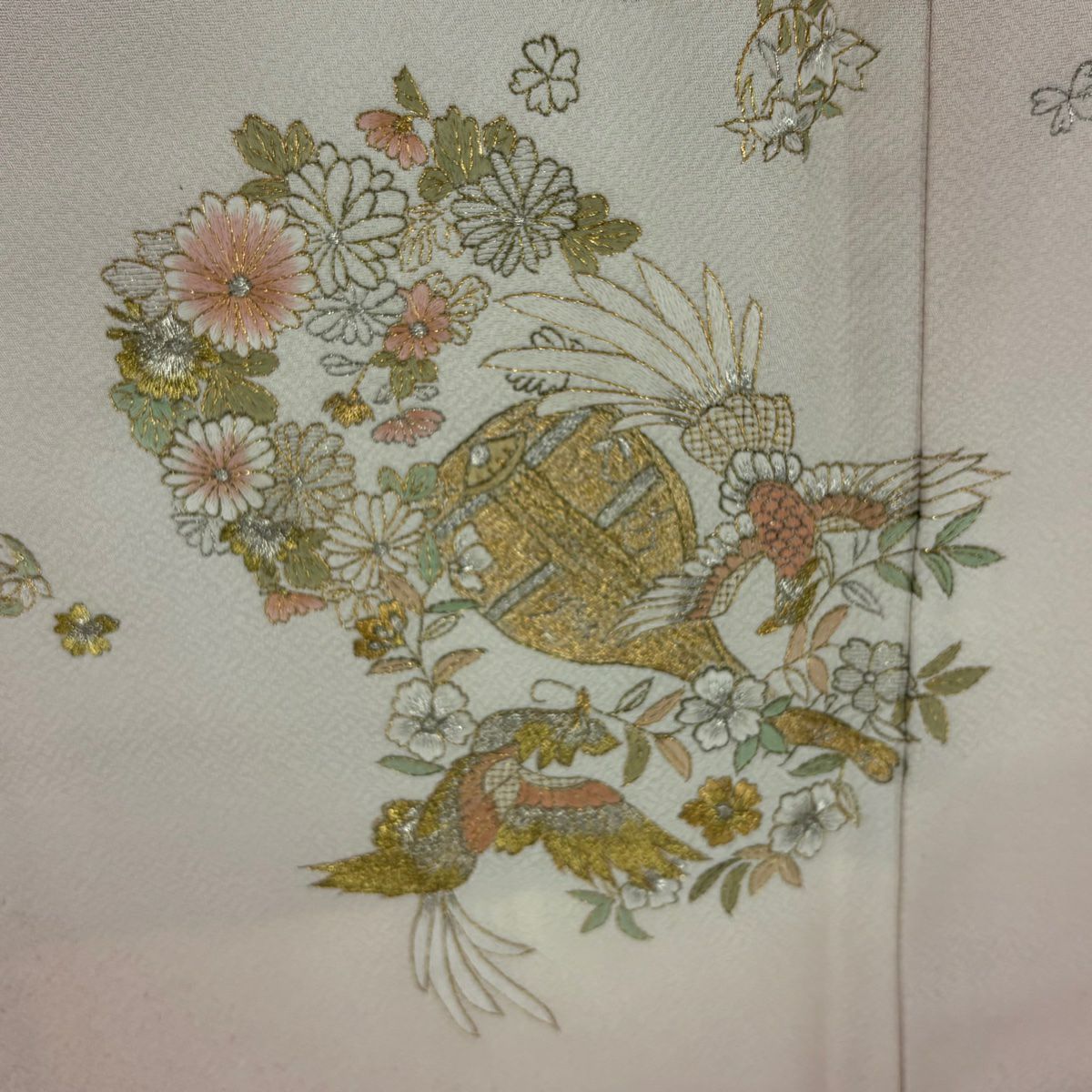 付下 身長164cm 袖長66cm M 雙層 琵琶 花喰鳥 蘇州刺繡 金銀彩 粉紅 純蠶絲 名品級