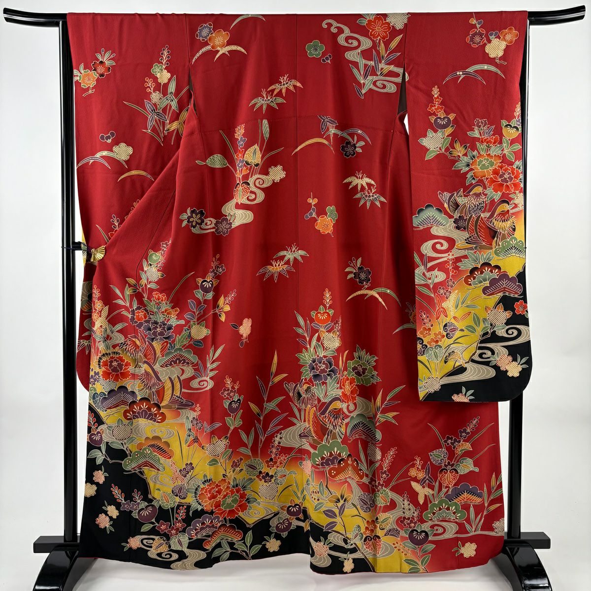 【美品】振袖禮服 身長162.5cm 袖長65.5cm M 雙層 鈴乃屋 鴛鴦 草花紋染 紅 純蠶絲 名品級