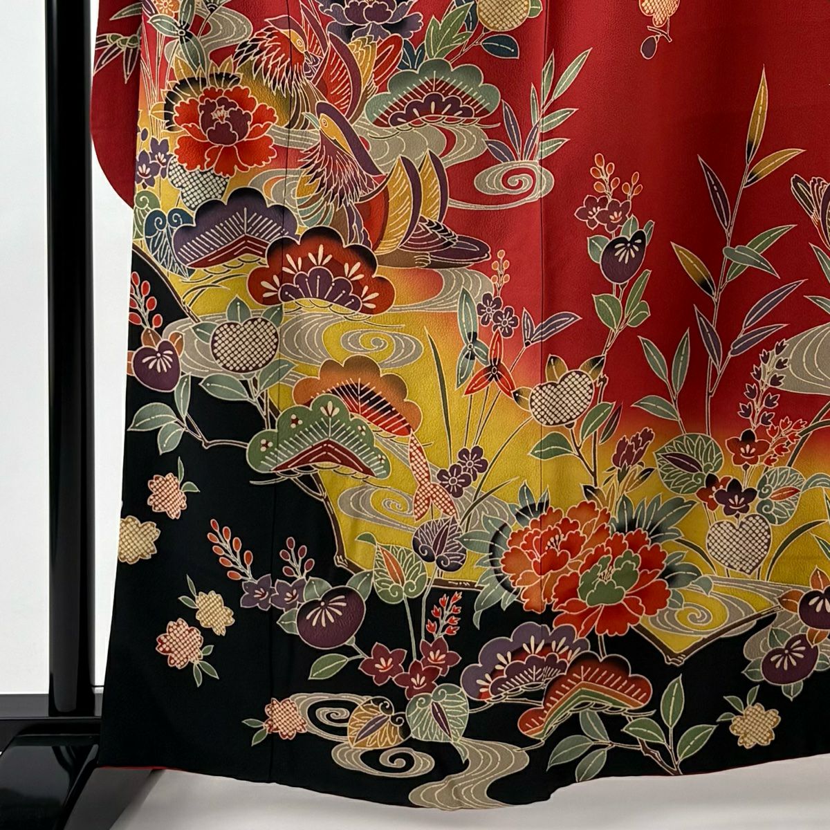 【美品】振袖禮服 身長162.5cm 袖長65.5cm M 雙層 鈴乃屋 鴛鴦 草花紋染 紅 純蠶絲 名品級