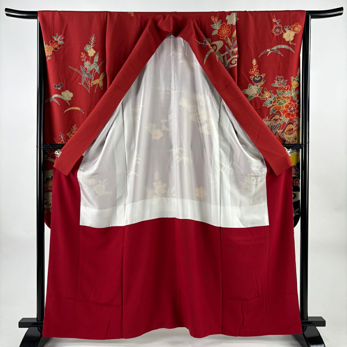 【美品】振袖禮服 身長162.5cm 袖長65.5cm M 雙層 鈴乃屋 鴛鴦 草花紋染 紅 純蠶絲 名品級