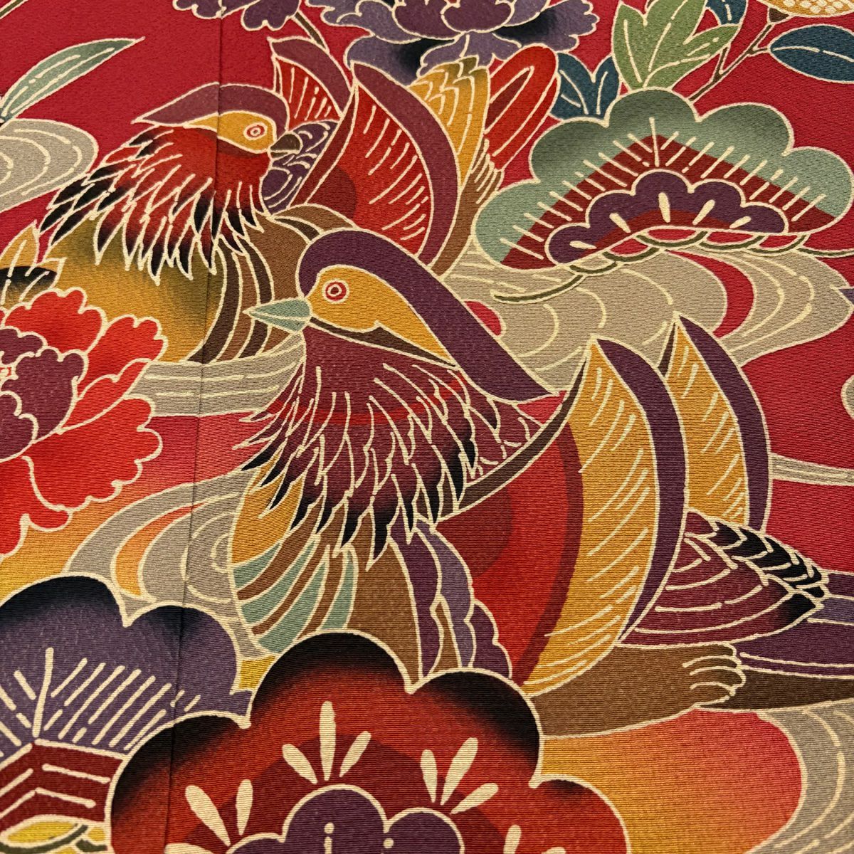 【美品】振袖禮服 身長162.5cm 袖長65.5cm M 雙層 鈴乃屋 鴛鴦 草花紋染 紅 純蠶絲 名品級
