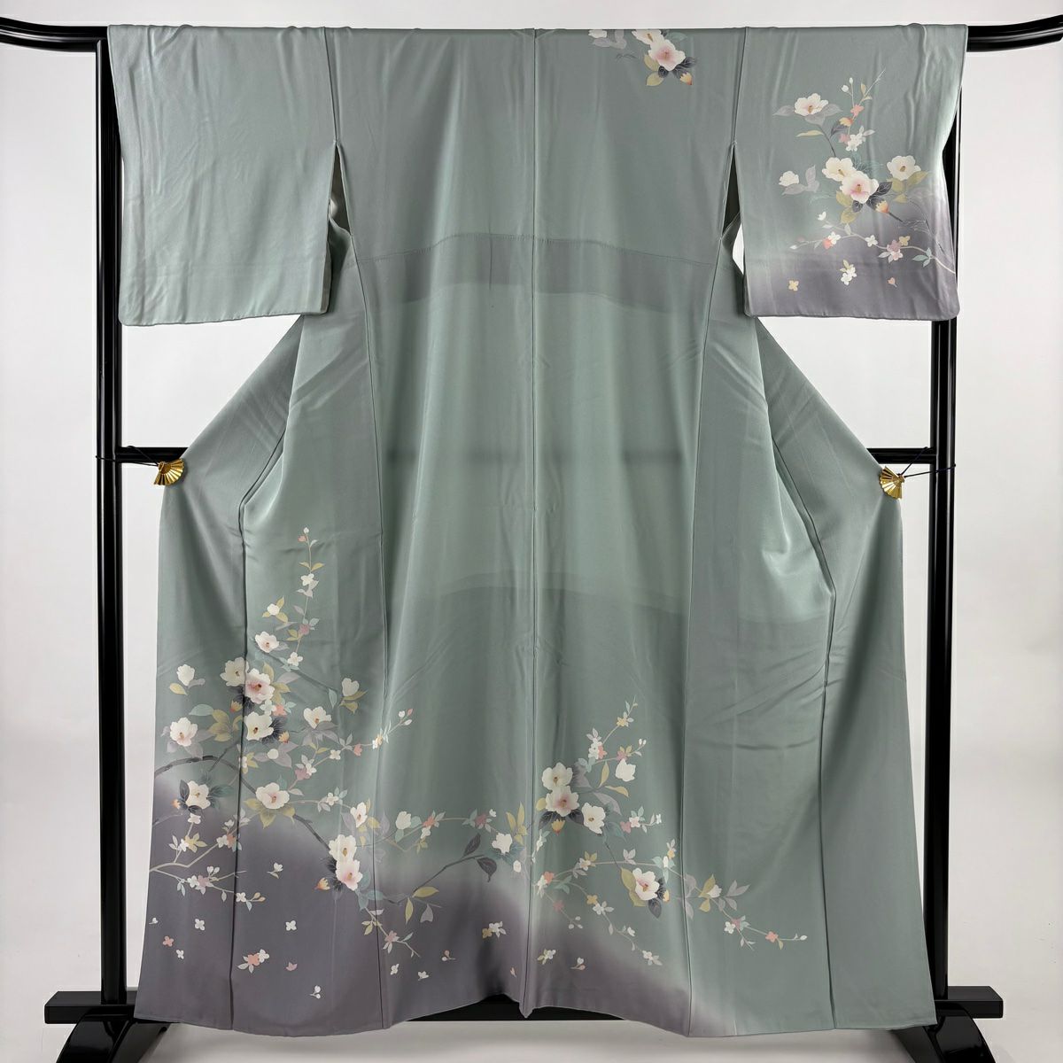 訪問服 身長159.5cm 袖長66.5cm M 雙層 椿 金糸 漸層 灰綠 純蠶絲 名品級