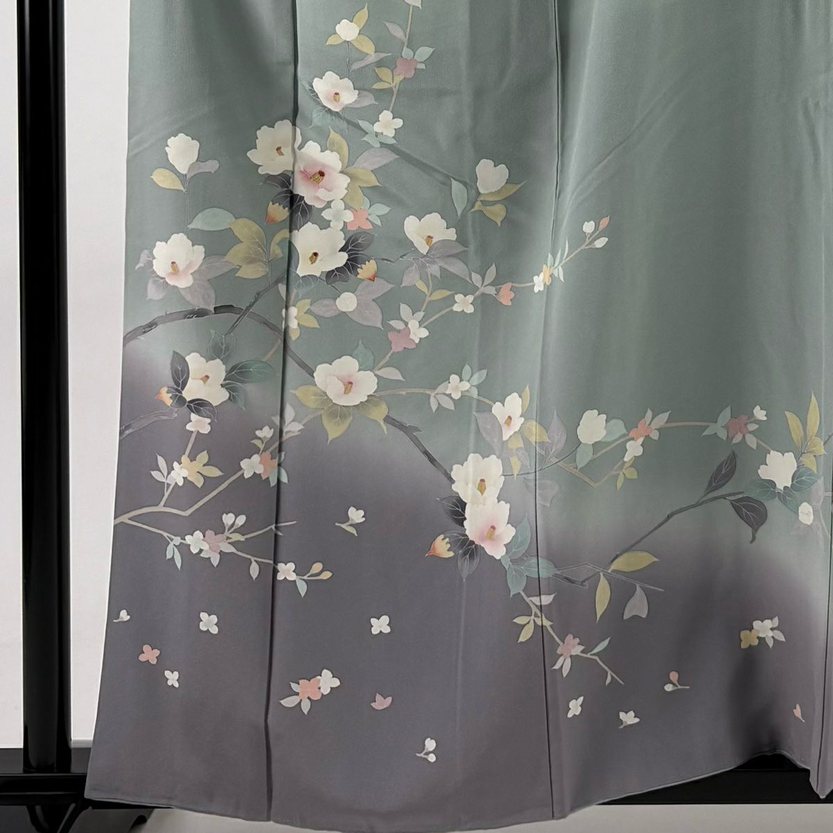 訪問服 身長159.5cm 袖長66.5cm M 雙層 椿 金糸 漸層 灰綠 純蠶絲 名品級