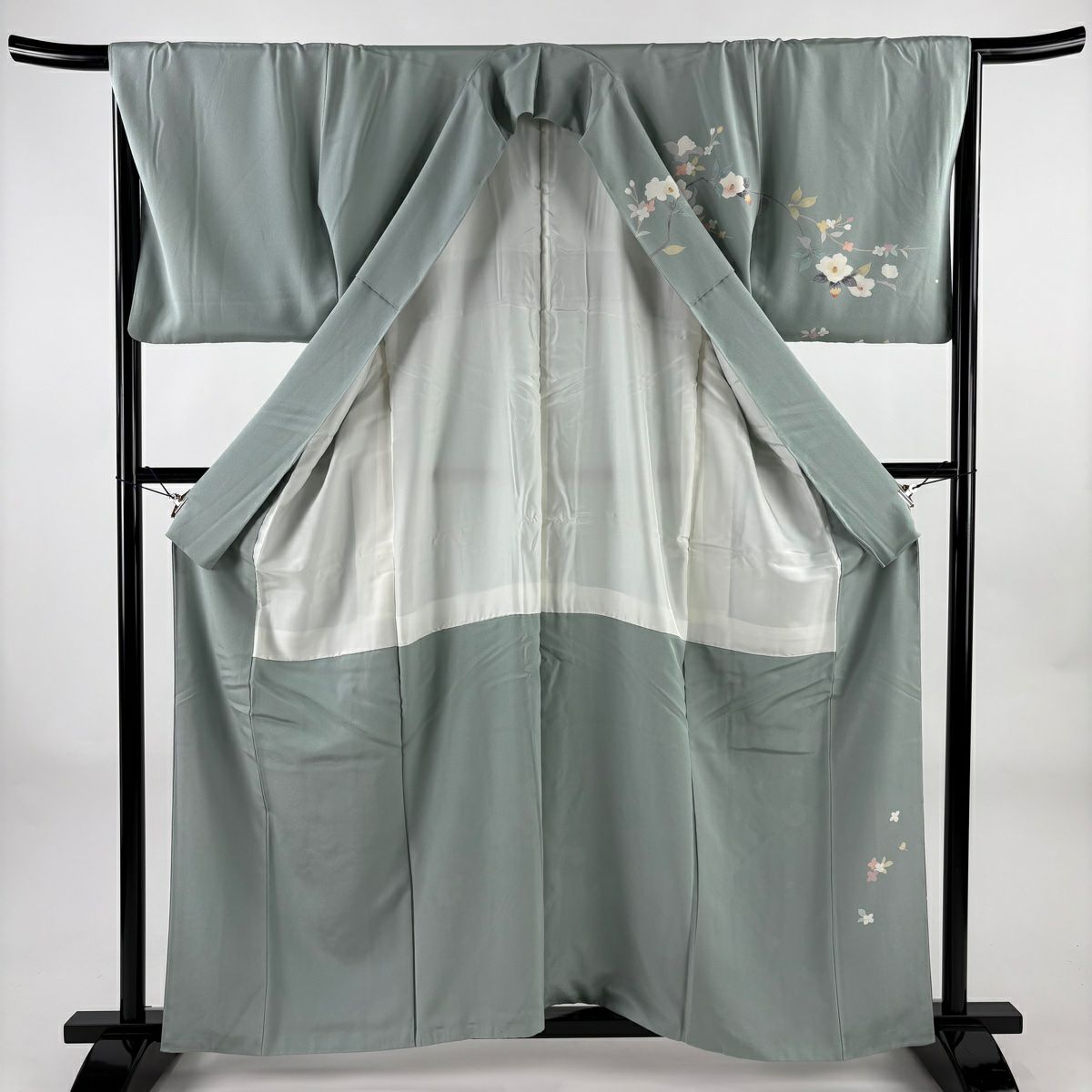 訪問服 身長159.5cm 袖長66.5cm M 雙層 椿 金糸 漸層 灰綠 純蠶絲 名品級