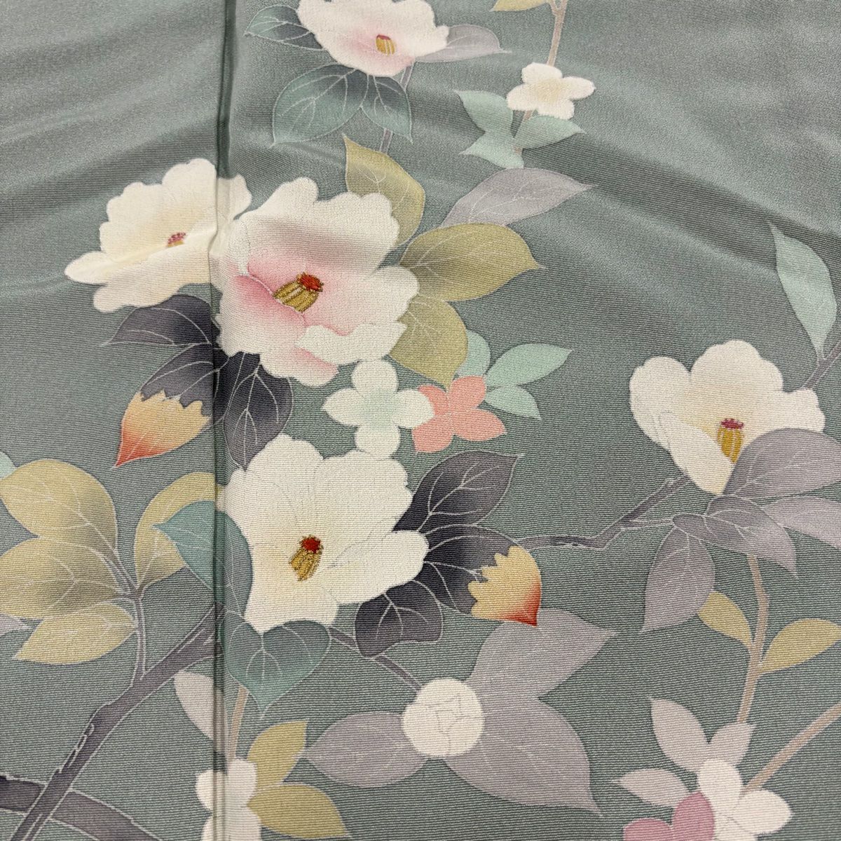 訪問服 身長159.5cm 袖長66.5cm M 雙層 椿 金糸 漸層 灰綠 純蠶絲 名品級