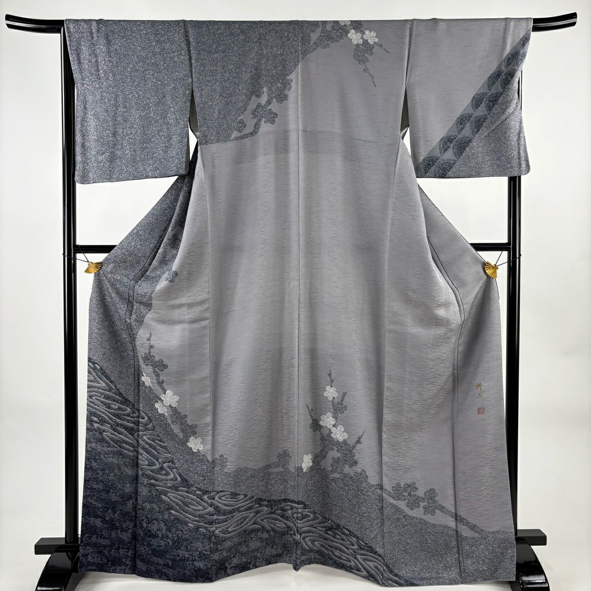 訪問服 身長166.5cm 袖長68.5cm L 雙層 落款あり 枝梅花 流水 灰 純蠶絲 名品級
