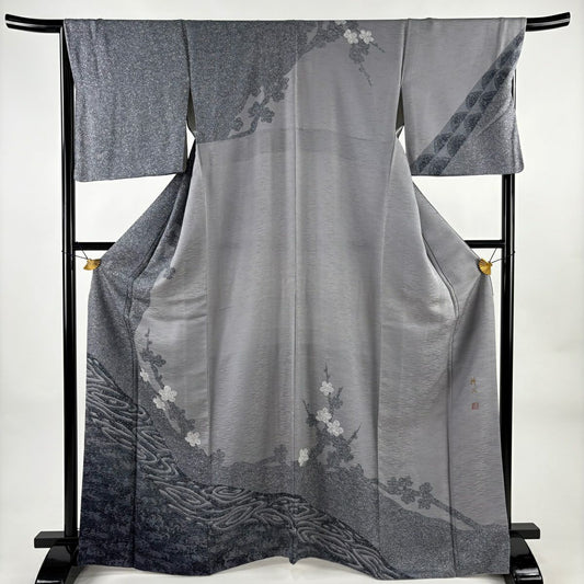 訪問服 身長166.5cm 袖長68.5cm L 雙層 落款あり 枝梅花 流水 灰 純蠶絲 名品級