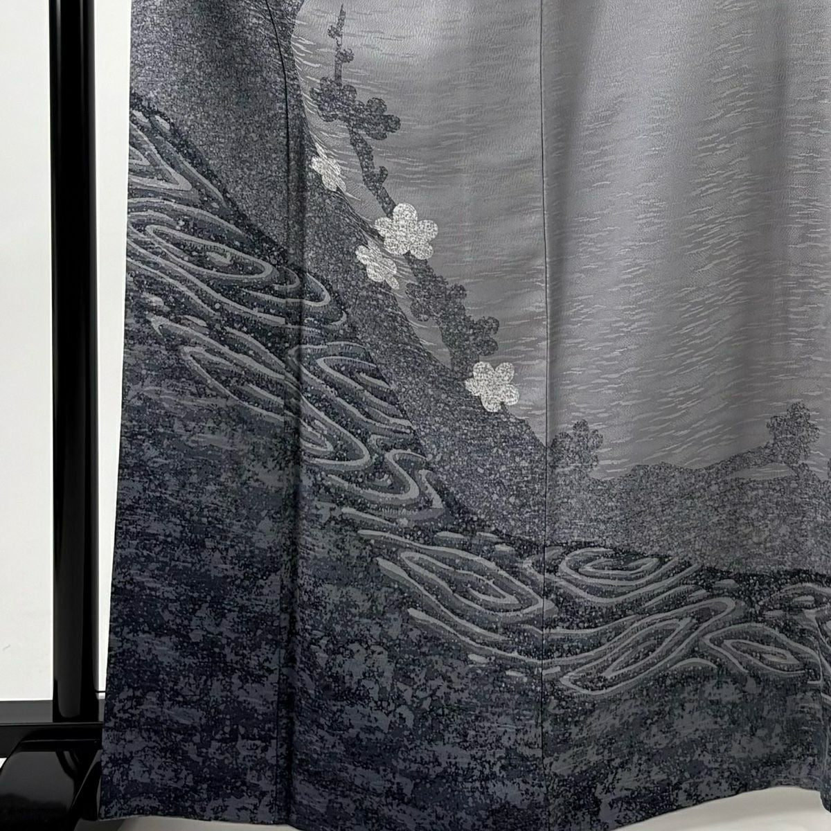 訪問服 身長166.5cm 袖長68.5cm L 雙層 落款あり 枝梅花 流水 灰 純蠶絲 名品級