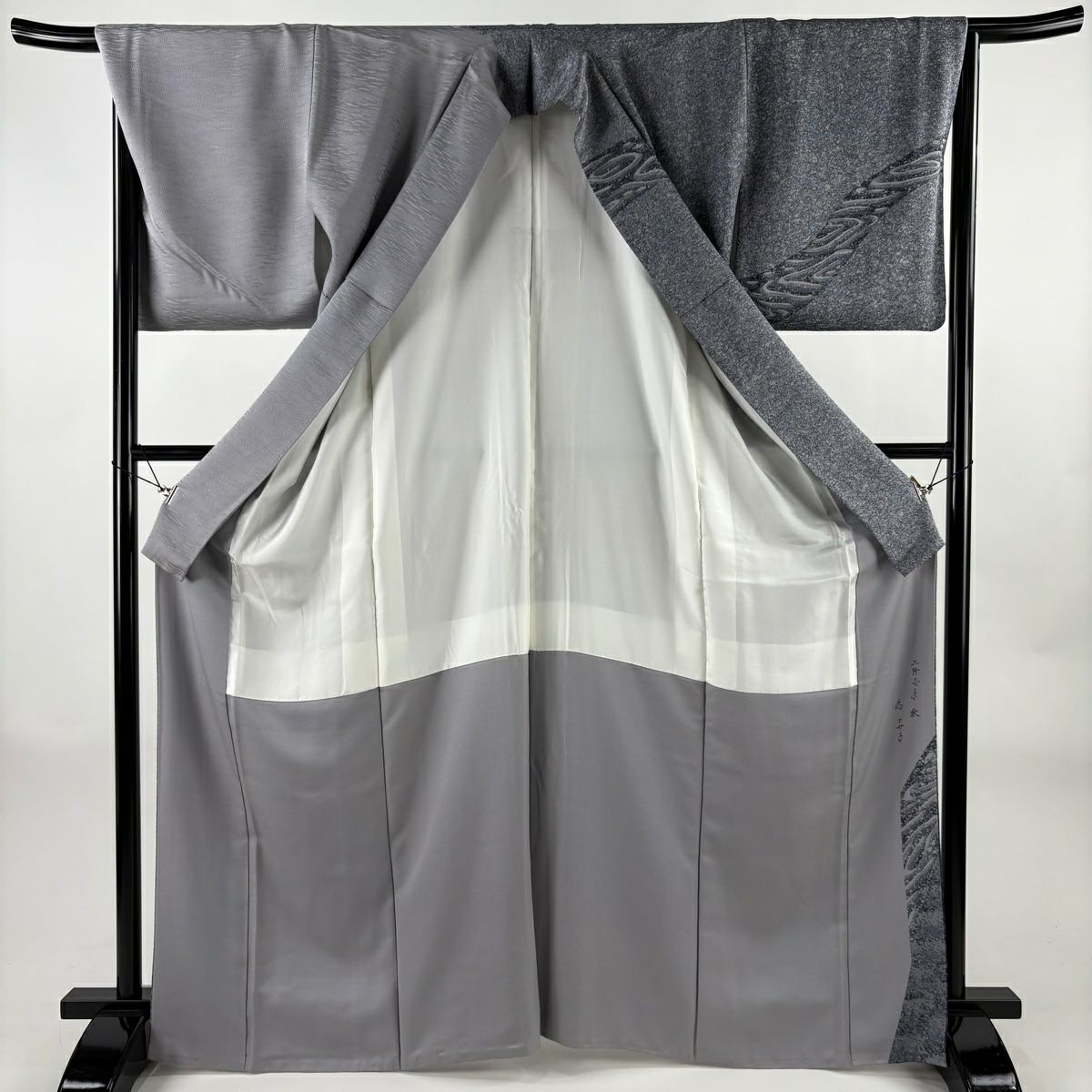 訪問服 身長166.5cm 袖長68.5cm L 雙層 落款あり 枝梅花 流水 灰 純蠶絲 名品級
