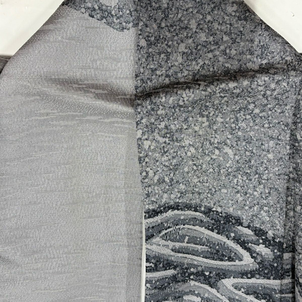 訪問服 身長166.5cm 袖長68.5cm L 雙層 落款あり 枝梅花 流水 灰 純蠶絲 名品級