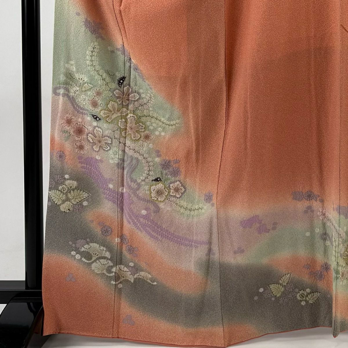 訪問服 身長167cm 袖長66.5cm M 雙層 滝泰 落款あり 草花紋紋 波頭 絞染 染分 橙色 純蠶絲 名品級