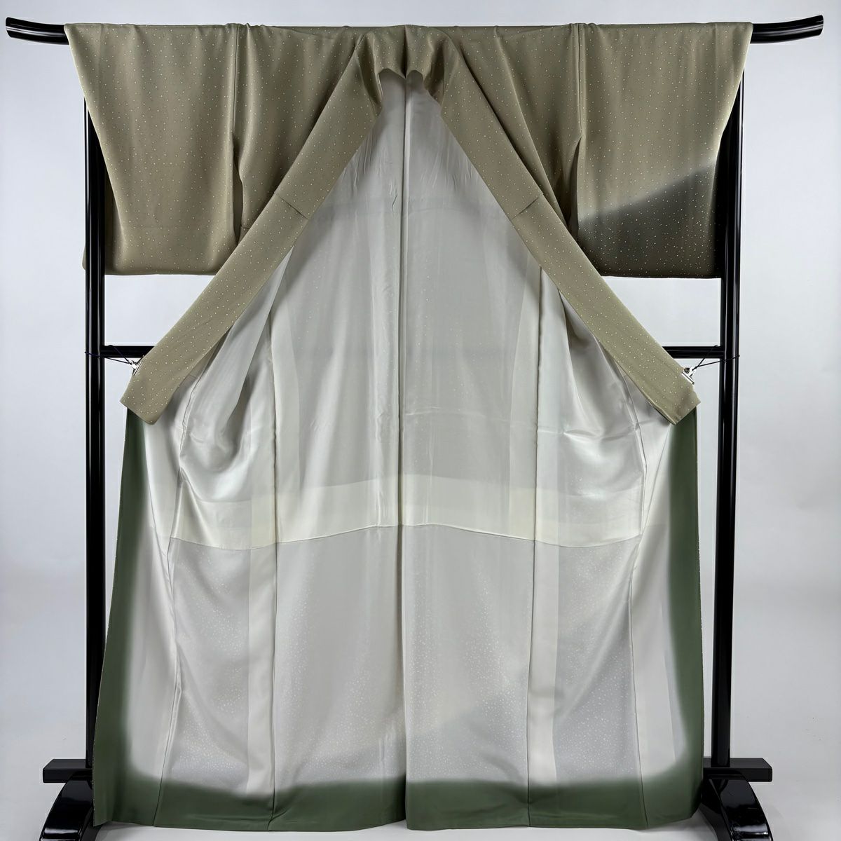 【美品】 付下 身長169cm 袖長70cm L 雙層 幾何學 金彩裝飾 抹茶 純蠶絲 名品級