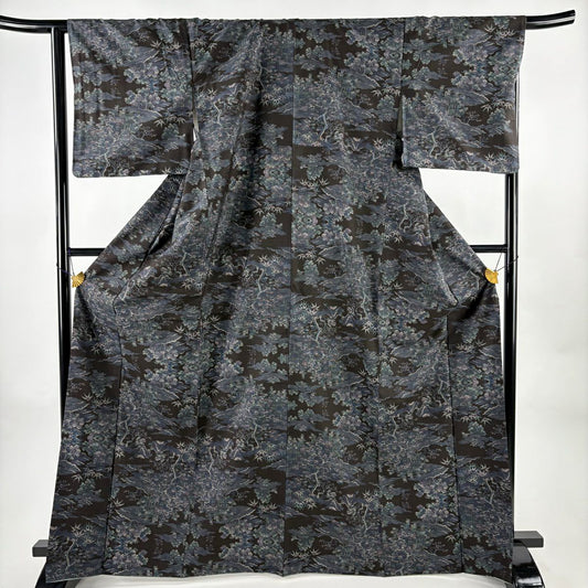 【美品】 大島紬織 身長168cm 袖長66cm M 雙層 純泥染 證書在側 樹木 笹 黑 純蠶絲 名品級