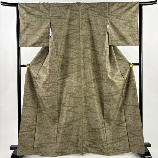 【美品】 大島紬織 身長166cm 袖長64.5cm M 雙層 證書齊全 流水 幾何學 鶯色 純蠶絲 名品級