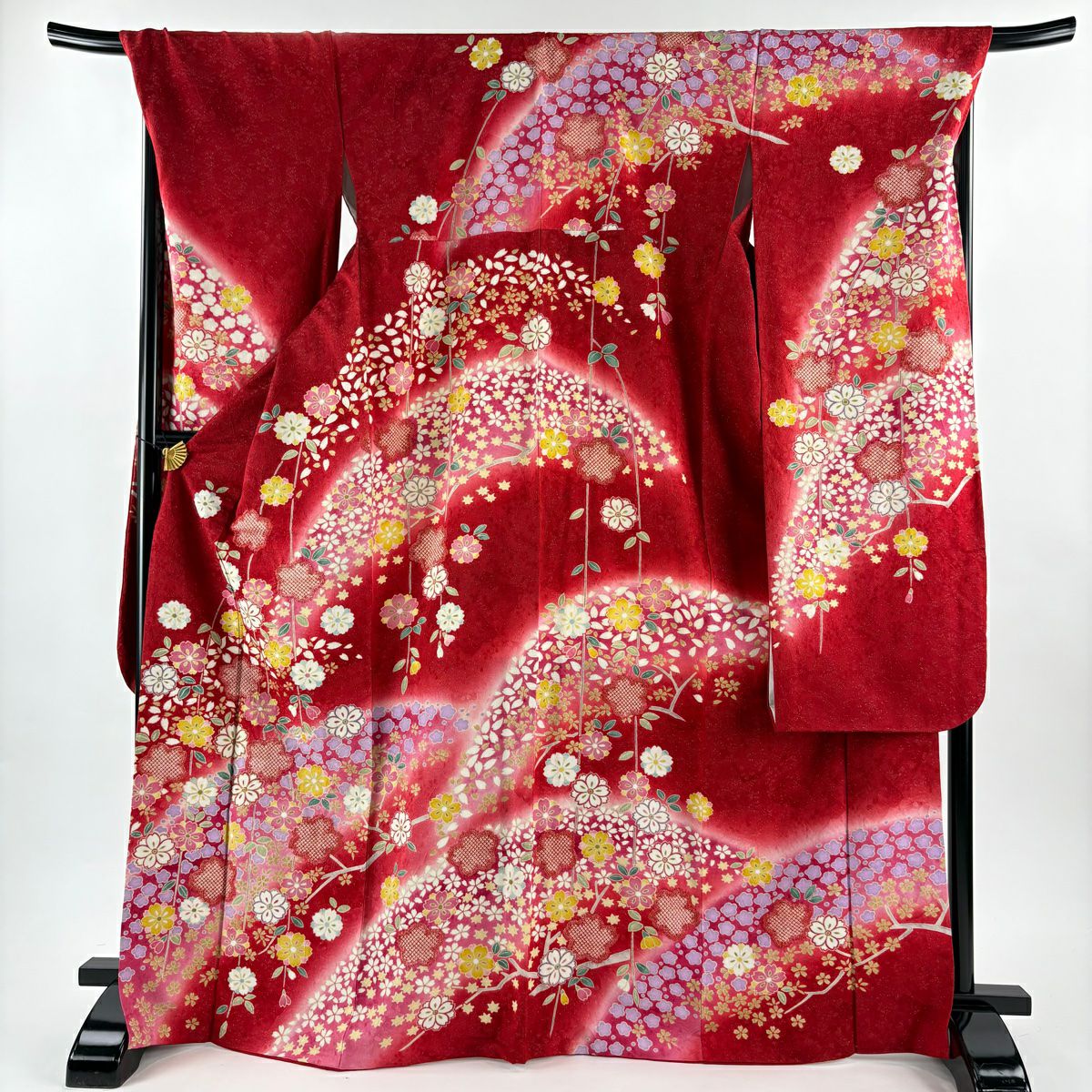 振袖禮服 身長169.5cm 袖長70.5cm L 雙層櫻梅花銀通絞染紅純蠶絲名品級