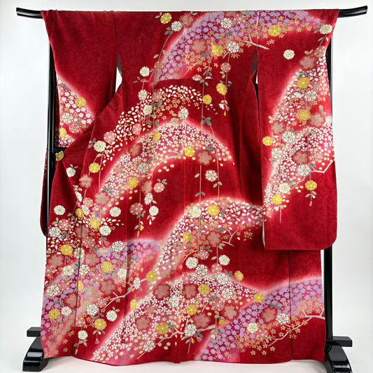 振袖禮服 身長169.5cm 袖長70.5cm L 雙層櫻梅花銀通絞染紅純蠶絲名品級