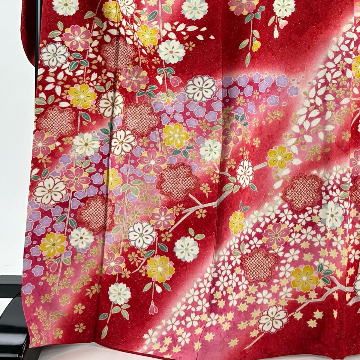 振袖禮服 身長169.5cm 袖長70.5cm L 雙層櫻梅花銀通絞染紅純蠶絲名品級