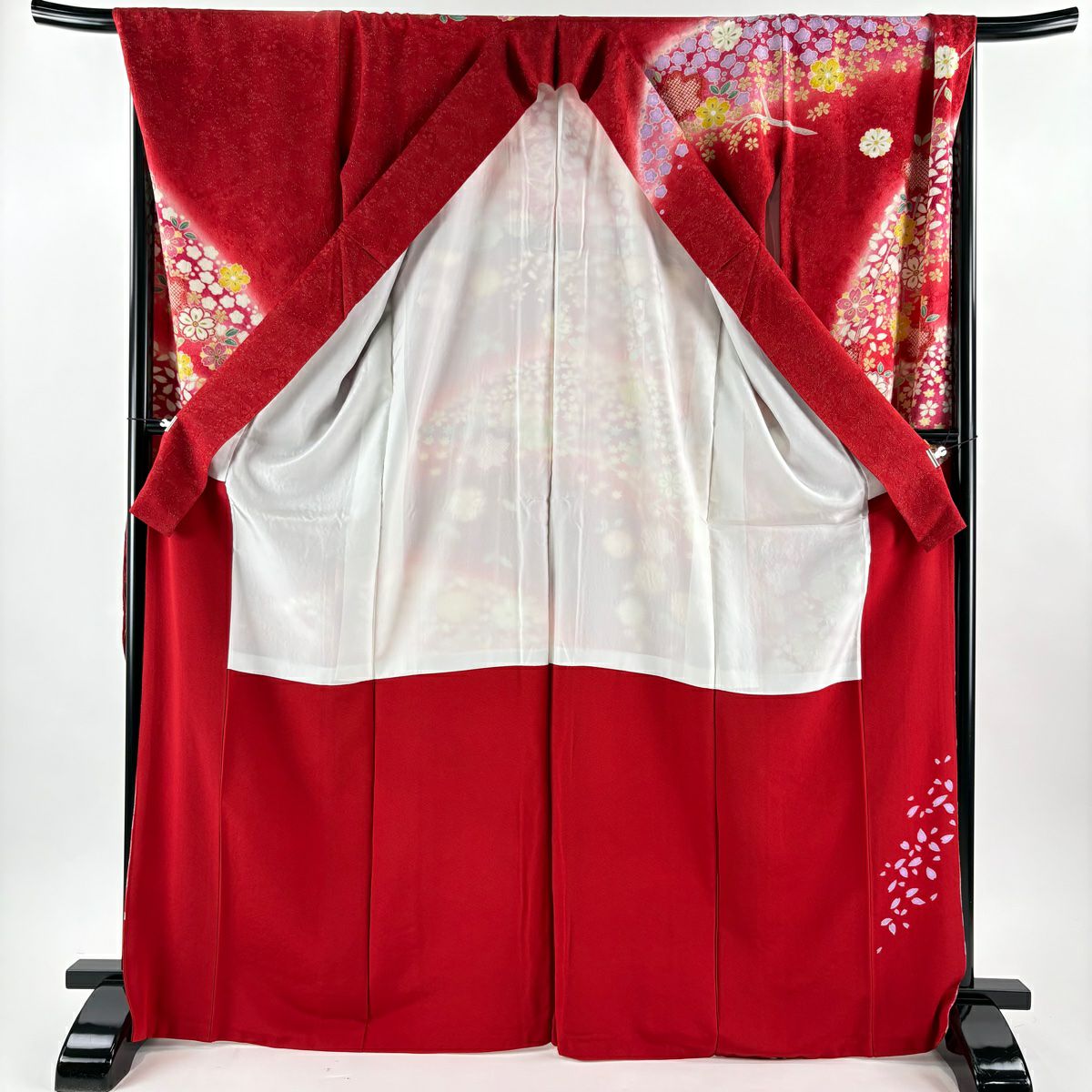 振袖禮服 身長169.5cm 袖長70.5cm L 雙層櫻梅花銀通絞染紅純蠶絲名品級