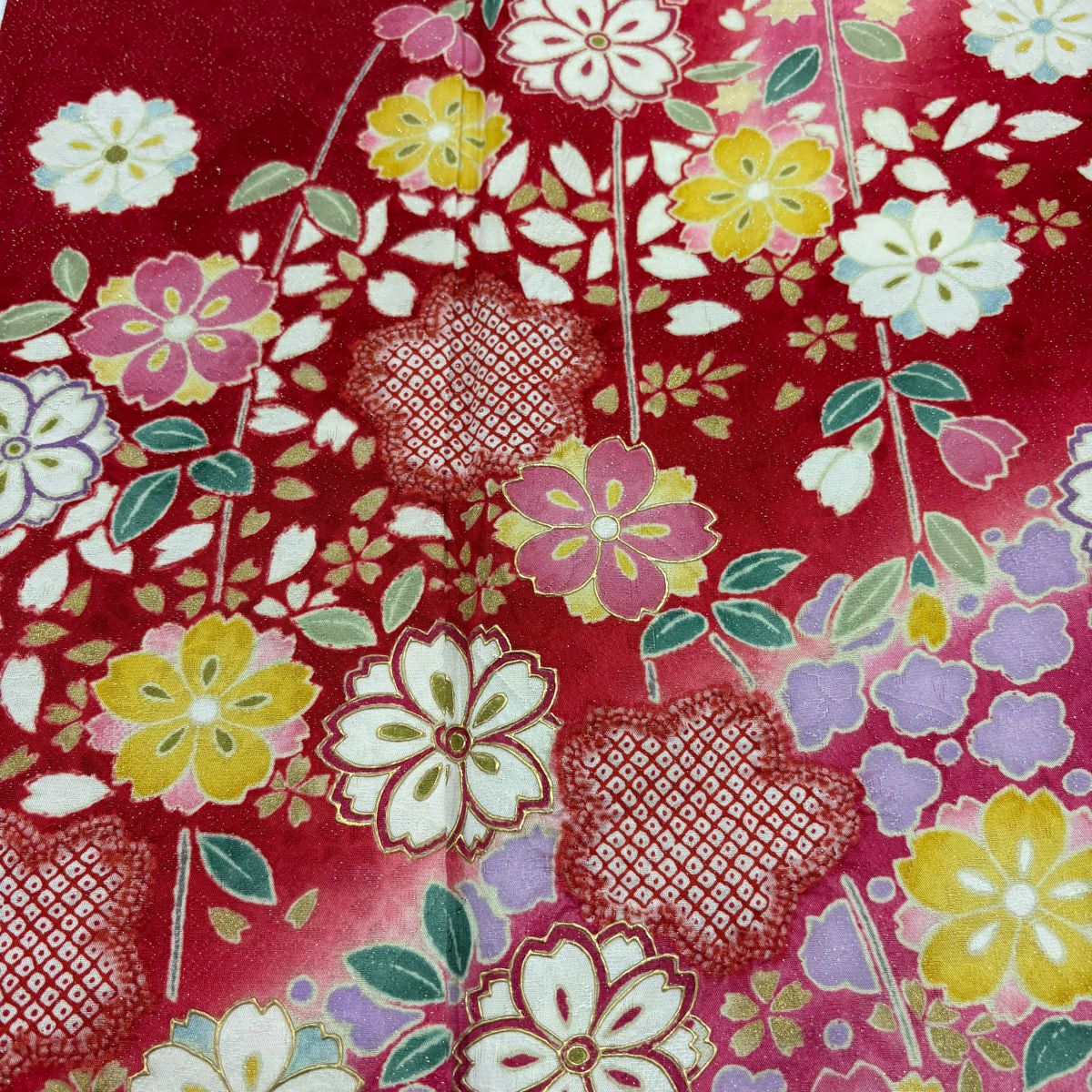 振袖禮服 身長169.5cm 袖長70.5cm L 雙層櫻梅花銀通絞染紅純蠶絲名品級