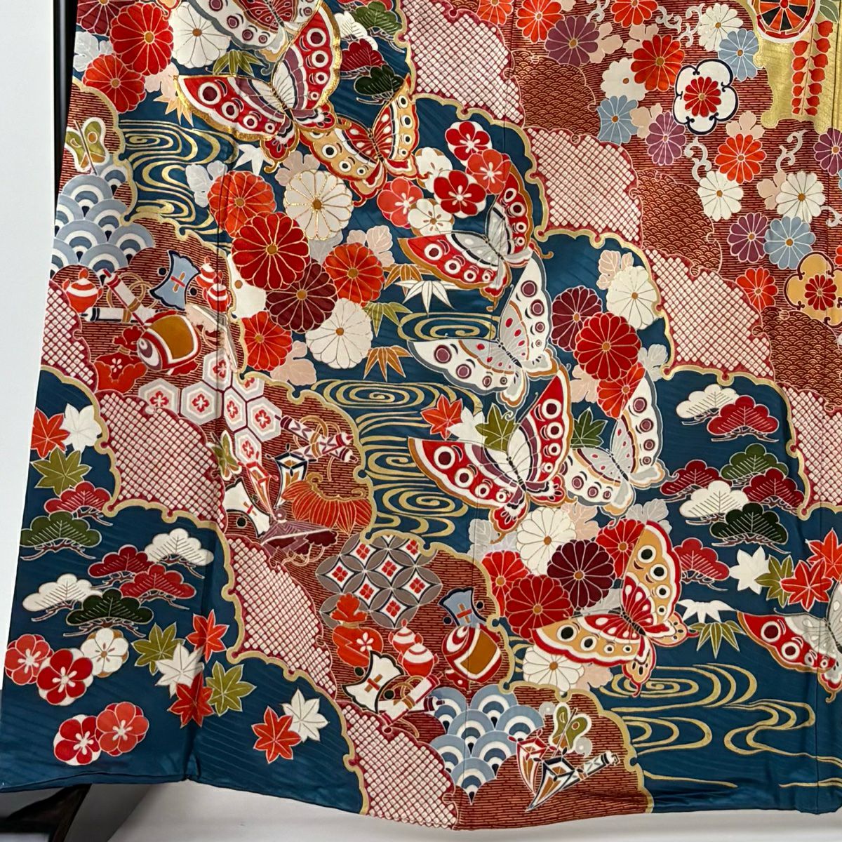振袖禮服 身長167cm 袖長67cm M 雙層 蝶 松樹竹子梅花 金絲 金銀彩 青綠 純蠶絲 名品級