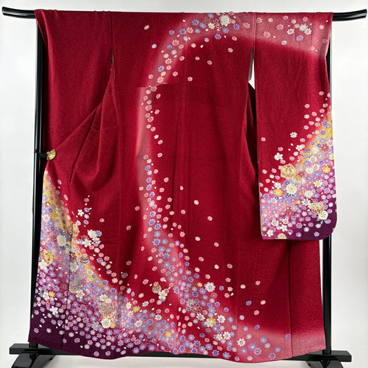 【美品】振袖禮服 身長158.5cm 袖長67.5cm L 雙層 鈴乃屋 手鞠 櫻花 銀通 金絲 紅 純蠶絲 名品級