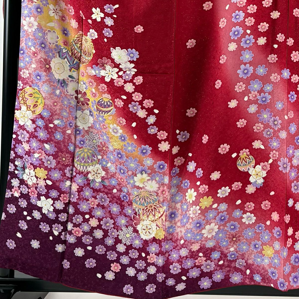 【美品】振袖禮服 身長158.5cm 袖長67.5cm L 雙層 鈴乃屋 手鞠 櫻花 銀通 金絲 紅 純蠶絲 名品級