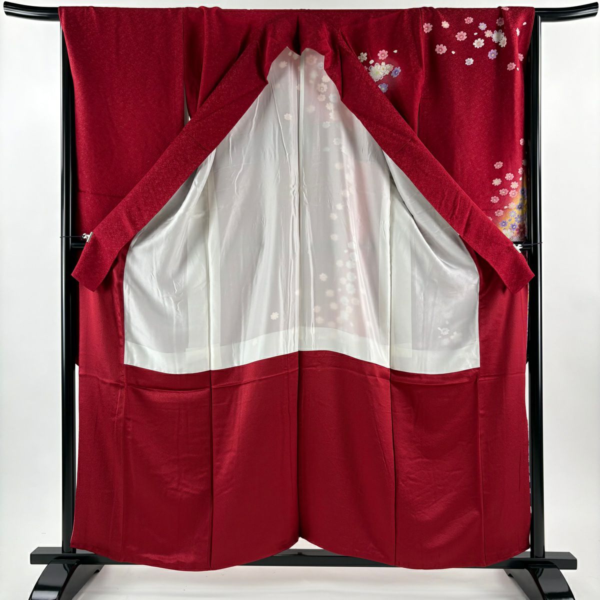 【美品】振袖禮服 身長158.5cm 袖長67.5cm L 雙層 鈴乃屋 手鞠 櫻花 銀通 金絲 紅 純蠶絲 名品級