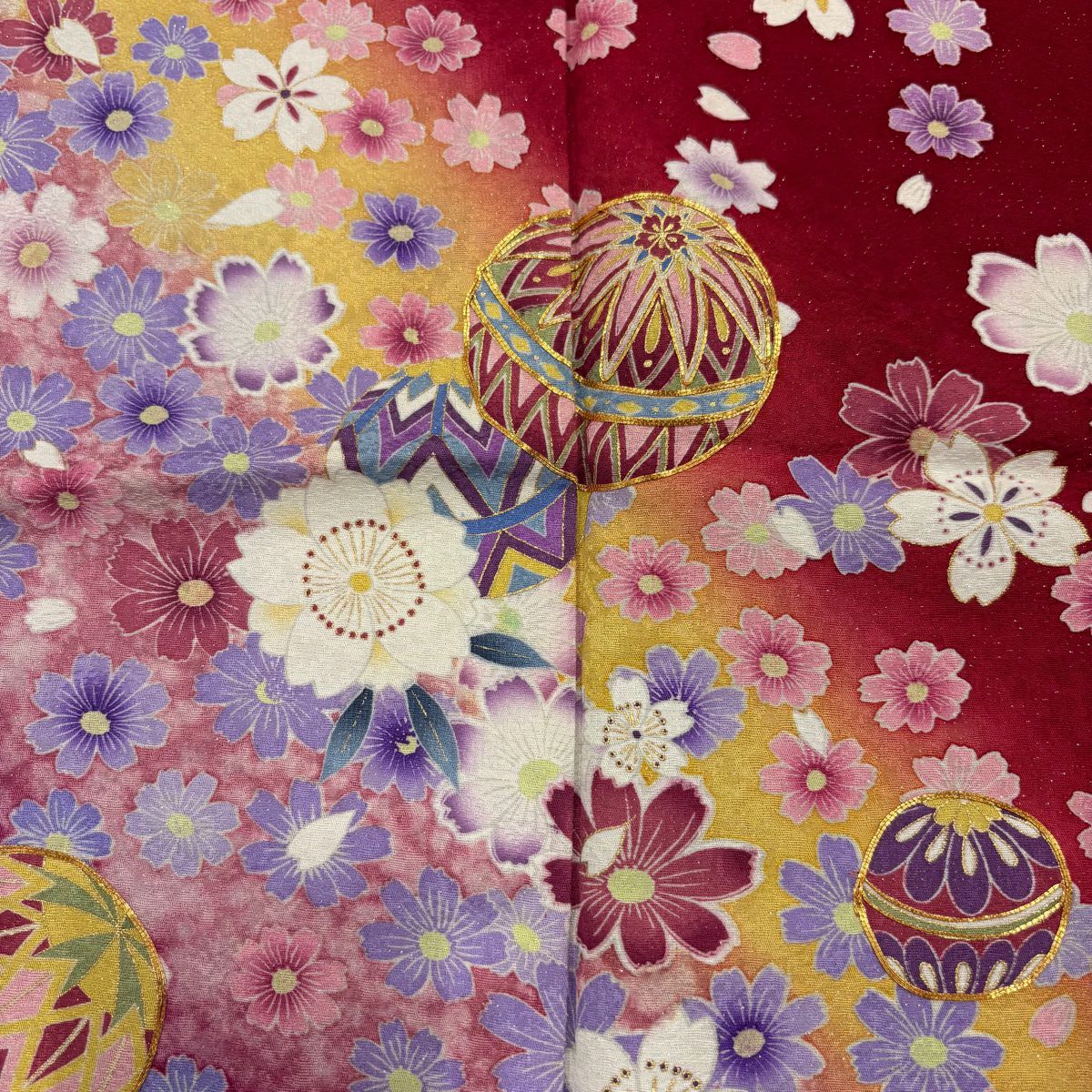 【美品】振袖禮服 身長158.5cm 袖長67.5cm L 雙層 鈴乃屋 手鞠 櫻花 銀通 金絲 紅 純蠶絲 名品級