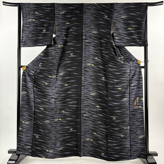 【美品】 小紋 身長165cm 袖長65.5cm M 雙層 コシノアヤコ 落款あり 松樹葉 舟 金銀彩 黑 純蠶絲 名品級