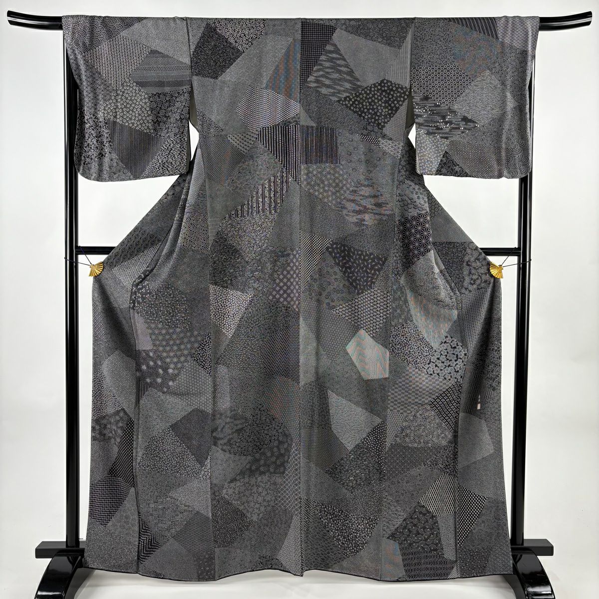 【美品】 江戶小紋 身長164.5cm 袖長67.5cm L 雙層 落款あり 寄せ柄 花唐草紋 黑 純蠶絲 名品級