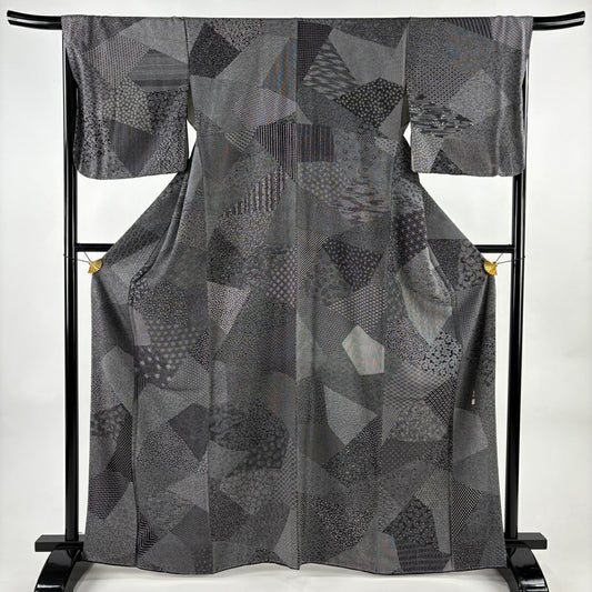 【美品】 江戶小紋 身長164.5cm 袖長67.5cm L 雙層 落款あり 寄せ柄 花唐草紋 黑 純蠶絲 名品級