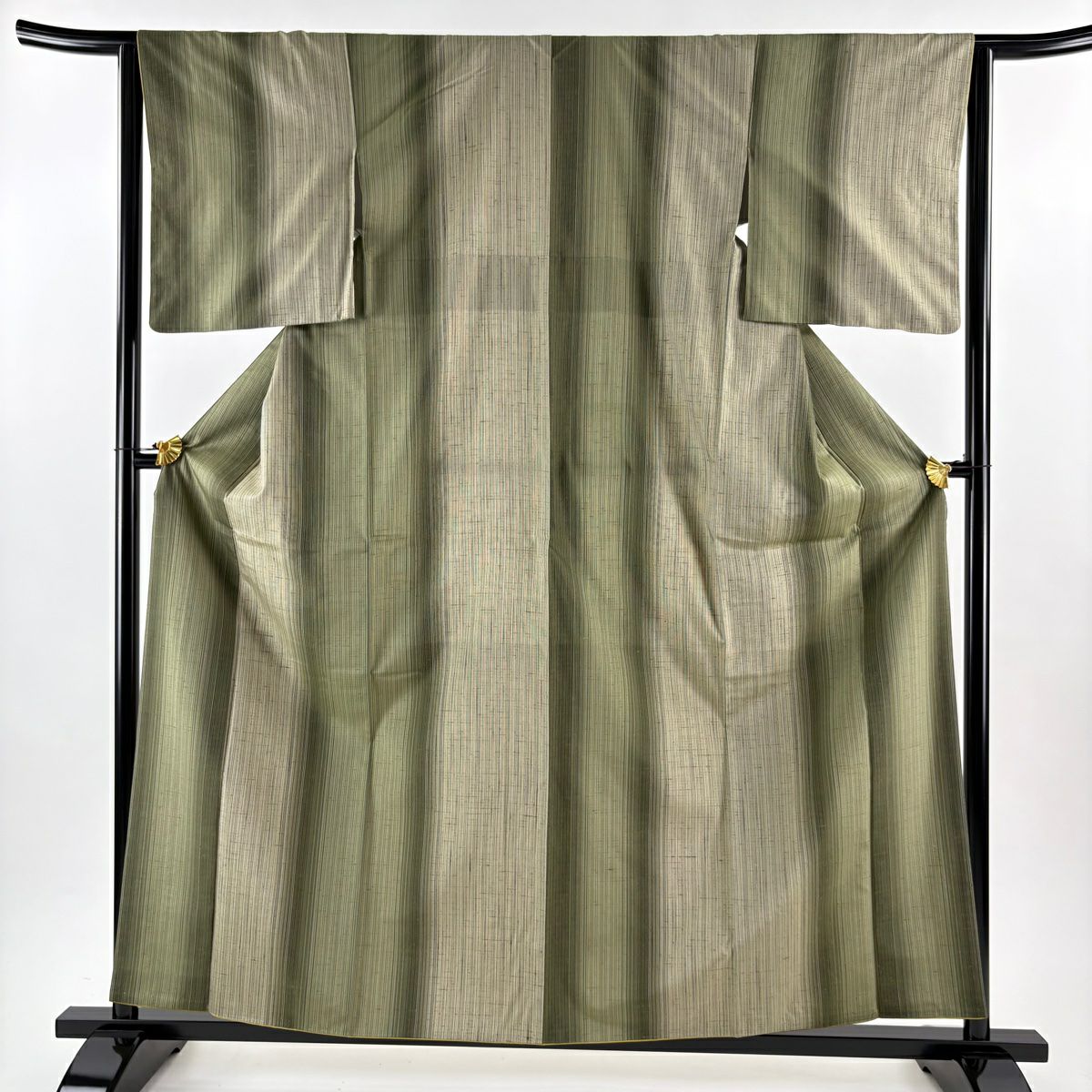 【美品】 紬織 身長160.5cm 袖長63cm S 雙層 蕨紬織 垂直條紋 灰綠 純蠶絲 名品級