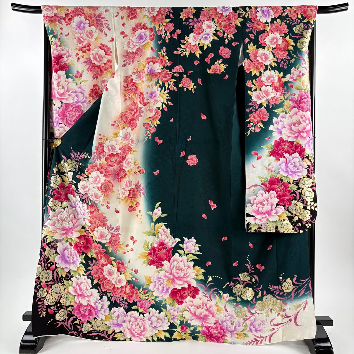 振袖禮服 身長170cm 袖長68cm L 雙層 牡丹 薔薇 刺繡 金銀彩 深綠 純蠶絲 名品級