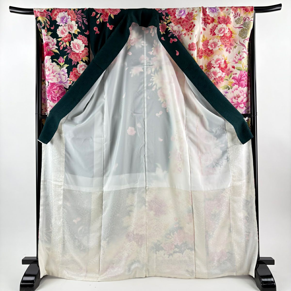 振袖禮服 身長170cm 袖長68cm L 雙層 牡丹 薔薇 刺繡 金銀彩 深綠 純蠶絲 名品級