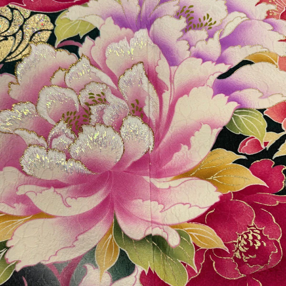 振袖禮服 身長170cm 袖長68cm L 雙層 牡丹 薔薇 刺繡 金銀彩 深綠 純蠶絲 名品級
