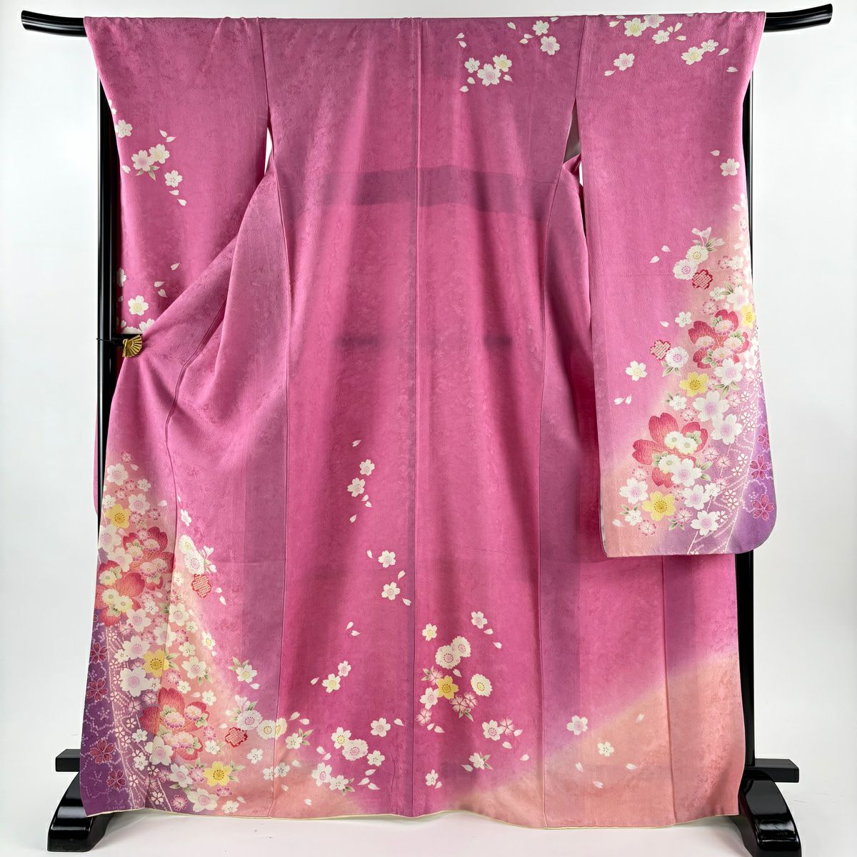 振袖禮服 身長169.5cm 袖長70cm L 雙層 櫻花 疋田紋 金銀彩 裾暈染 粉紅 純蠶絲 名品級